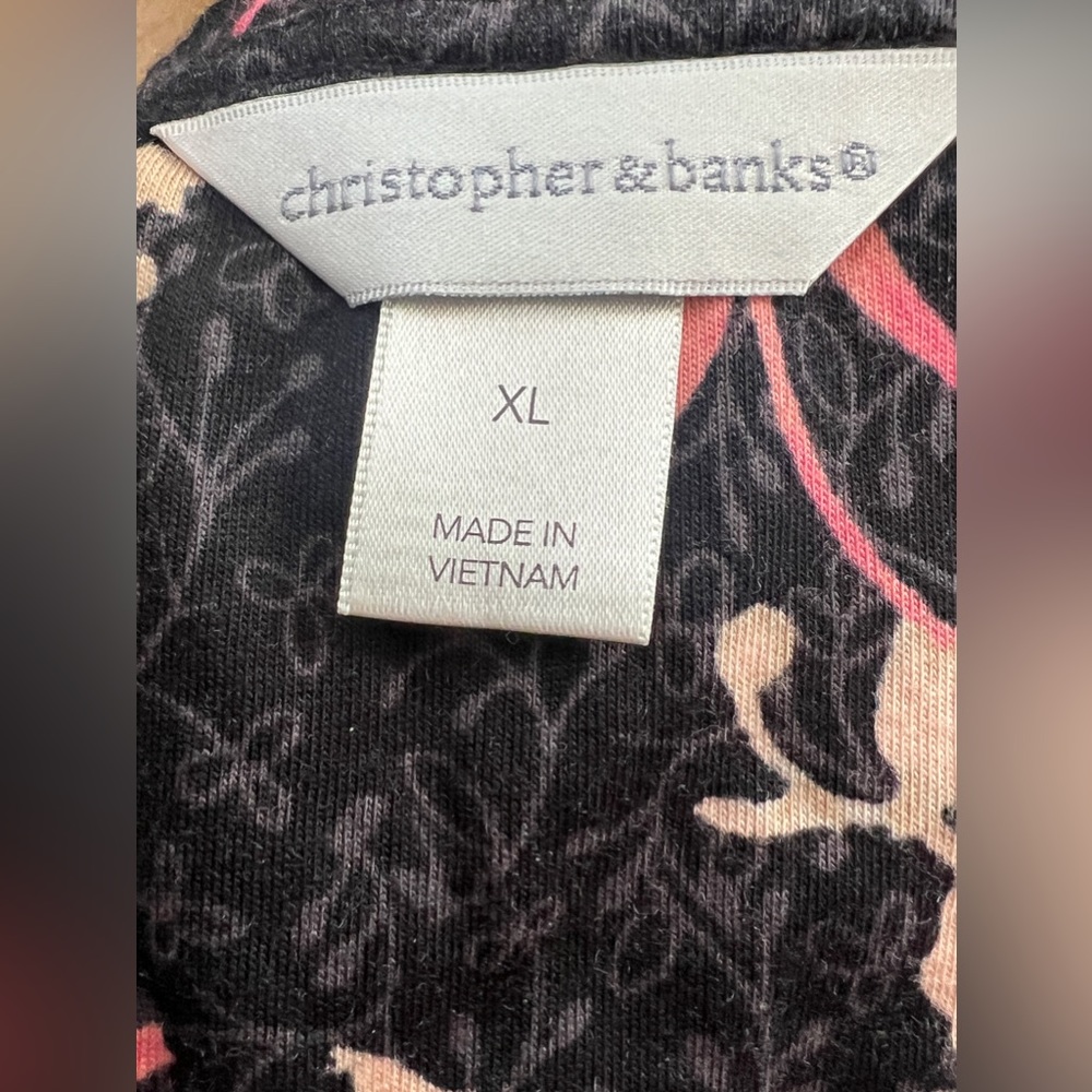 Christopher & Banks Tropical Floral Black Tunic Blouse Top Coral + Pink XL - Picture 7 of 7